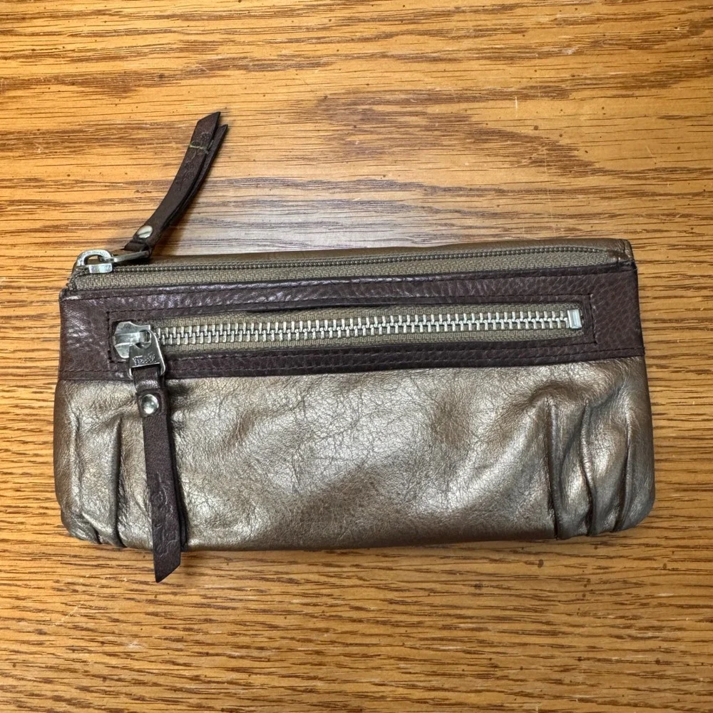Fossil Metallic Bronze Genuine Leather Slim Bifold Wallet Organizer‎ Clutch